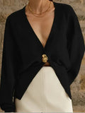Fongt Color V-Neck Long Sleeve Open Shirt 2025 Spring And Autumn Temperament V Collar A Buckle Long Sleeve Waist Top