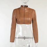 Stand Collar Cropped Jackets Sexy Long Sleeve Faux Leather PU Bodycon Biker Coat 2021 Autumn Harajuku Punk