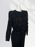 Fongt Not Pierced Hole Round Neck Tassel Sweater Women's Design Sense Bottom Waste Earthen Top Loose Sweater-Outfit