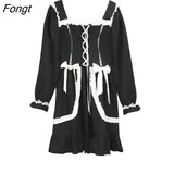 and Autumn Mori Girl Style Dress Women Ruffles Patchwork Square Collar Japan Lace Up Female Black