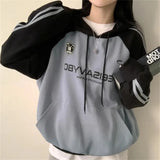 Vintage Logo Print Raglan Striped Sleeve Hoodie-Outfit