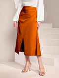 Women's High-Waisted Satin Pleated Split Skirt Solid Color Half Skirt Zipper Fishtail Hip Skirt-Outfit