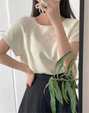 Round Neck Bow Print Short Sleeved Knitted Top-Outfit