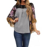 Fongt Women's Wear Bat Sleeve Print Color Swafge Round Collar Blouse T-Shirt
