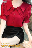 Fashion New Petal Sleeve Solid Color Single Breasted Blouses 2023 Summer Peter Pan Collar Chic Top office lady Shirt