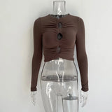 Fall Clothing Tops For Women 2021Ladies Long-Sleeved Hollow Pleated Sexy Short Top Elegant All-Match Solid Color