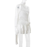White Satin Halter Frill Flower Drape Mini Dress-Outfit