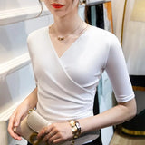 Summer Thin Women Crossed V Neck Mesh T Shirts Lady Elegant Elastic Base Folds Tops Tees Female Half Sleeve T-Shirt-Outfit