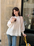 Fongt Xixi 2025 Autumn White Standard Korean Version Of The Lace With Chiffon Long-Sleeved Shirt Women's Top 89490