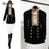 Long Sleeve Outfits Korean Casual Sets Elegant Vintage Turtleneck Velvet Top And Shorts Two Pieces Sets 2021 Women