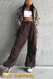 Wide Leg Sweatpants Women Vintage Y2K Punk Streetwear Joggers Solid Low Waist Drawstring Trousers Casual Cargo Pants