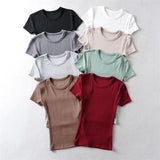 Summer New Women's Elastic Thread Solid Color T-Shirt Basic Short-Sleeved Large Round Neck Long Blouse-Outfit