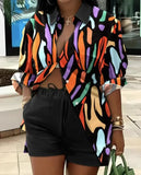 Spring Summer Fashion Printing Two Piece Set Women Casual Button Shirt Drawstring Short Sleeve Two Piece Set Women-Outfit