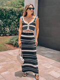 Fongt Suit Striped Knitted Vest Blouse High Waist-Colly Half-Dress Two-Piece Woman