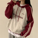 Vintage Logo Print Raglan Striped Sleeve Hoodie-Outfit