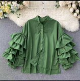 Shirt Woman Multilayer Flounce Horn Sleeve Shirt Loose Versatile Small Stand-Outfit