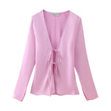 Bowknot Silk Satin Long-Sleeved Shirt In Spring-Outfit