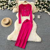 Fongt Fragrant High-Sense Metal Buckle Repair Short Long-Sleeved Knitting Top Female High-Waisted Hip Skirt Two