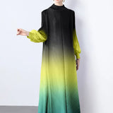 Fongt And Fashionable Gradient Lantern Sleeve Pressure Folding Dress Women Autumn And Winter Loose Apparent Thin-Skinny A-Character Dress