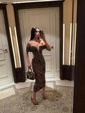 Slash Neck Leopard Print Midi Dress-Outfit