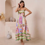 Fongt Women's Suspension Printed Vacation Style Sleeveless Dress Lace Decoration 8109