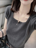 Version Gentle Style Knitted Sweater Women's New Style 2024 Spring And Summer 100 Small Square Collar With Short Sweater Bottomed And Short Sleeves-Outfit