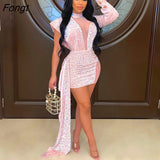 Sheer Mesh Patchwork Sequins Ribbon Mini Party Dress Women Sexy Mock Neck One Shoulder Long Sleeve Bodycon Club