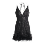 2025 Sexy Deep V-Neck Slid Strap Design Splicing Ostrich Hairy Sling Dress