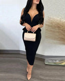 Party Casual Women's Dress Solid Color Hip Wrap Open Back Deep V Bow Elastic Split Ruffle Edge Sling Dress-Outfit