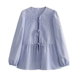 New 7-Color Bubble Sleeve Bow Tie Shirt In Spring-Outfit