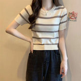 Fongt Striped Short-Sleeved Knitted Shirt 2024 Summer New Design Sense Small Loose Short Top In