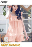 women's summer solid color thin sexy suspender shorts two-piece sleeveless vest cute home service Lace white