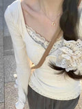 Lace Trim Coquette Long Sleeve Patchwork Tee-Outfit