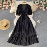 Retro Court Lace Lace V-Collar High-End Dress Waist Short-Sleeved Single-Breasted Long Skirt-Outfit