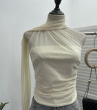 Real Shooting Mesh Ribbon Hanging Neck Folded Sleeveless Top Babes Two-Wearing Design Wrapping Bras