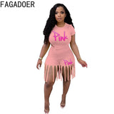 Plus Size Women Set S-5XL PINK Letter Print Round Neck Top And Tassel Shorts Two Piece Sets Casual 2pcs Outfits