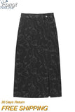 Spring Women's Irregular Long Denim Skirts Chic Print Korean Style Vintage Gothic Fashion High Waist Slim Jeans Split