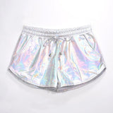 Shiny Metallic Hot Shorts Summer Holographic Wet Look Casual Elastic Drawstring Festival Rave Booty