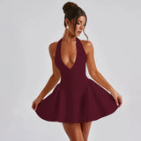 Deep V-Halter Backless A-line Mini Dress-Outfit