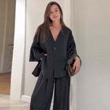 Fongt Women's Suited Casual Casual Long Sleeve R-Shirt Pants Solid Color Set For 2025