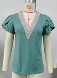 2023 New Gold Lace Lady V-Neck Tile Short Sleeve Solid Color T-Shirt Top-Outfit
