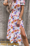 Winter Long Floral Print Dress Robe for Women 2023 Casual Long Sleeve Split Dress Female Boho Elegant Maxi Party