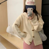 Fongt Horn Button Solid Color Sweater Coat Women's Winter 2024 New Loose Lazy Wind Hoodie Knit Cardigan-Outfit