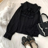 Vintage Lolita Blouses Women White Kawai Lace Peter Pan Collar Rose Bow Chiffon Shirts Black Elegant Long Sleeved Top-Outfit