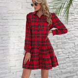 Fongt Spring And Summer Cake Dress Plaid Shirt Long Sleeve Single-D Row Buckle Women's Clothing
