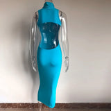 Vestidos De Verano 2021 Summer Blue Evening Maxi Long Dress Turtleneck Bodycon Outfits Woman Backless Party
