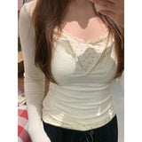 Lace Trim Coquette Long Sleeve Patchwork Tee-Outfit