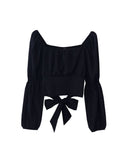 New Women Simple Cropped Tops Pleated Slim Sexy Female Long Puff Sleeve Bandage Bow Square Collar Vintage All-match