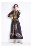 Fongt Retro Elegant Print Dress Women's Spring New French Court Style Waist Single Buckle Long Dress
