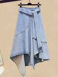 Women Summer Two Piece Set Korean Ruffles Patchwork Short Sleeve V Neck Top And Irregular Denim Skirts Set For